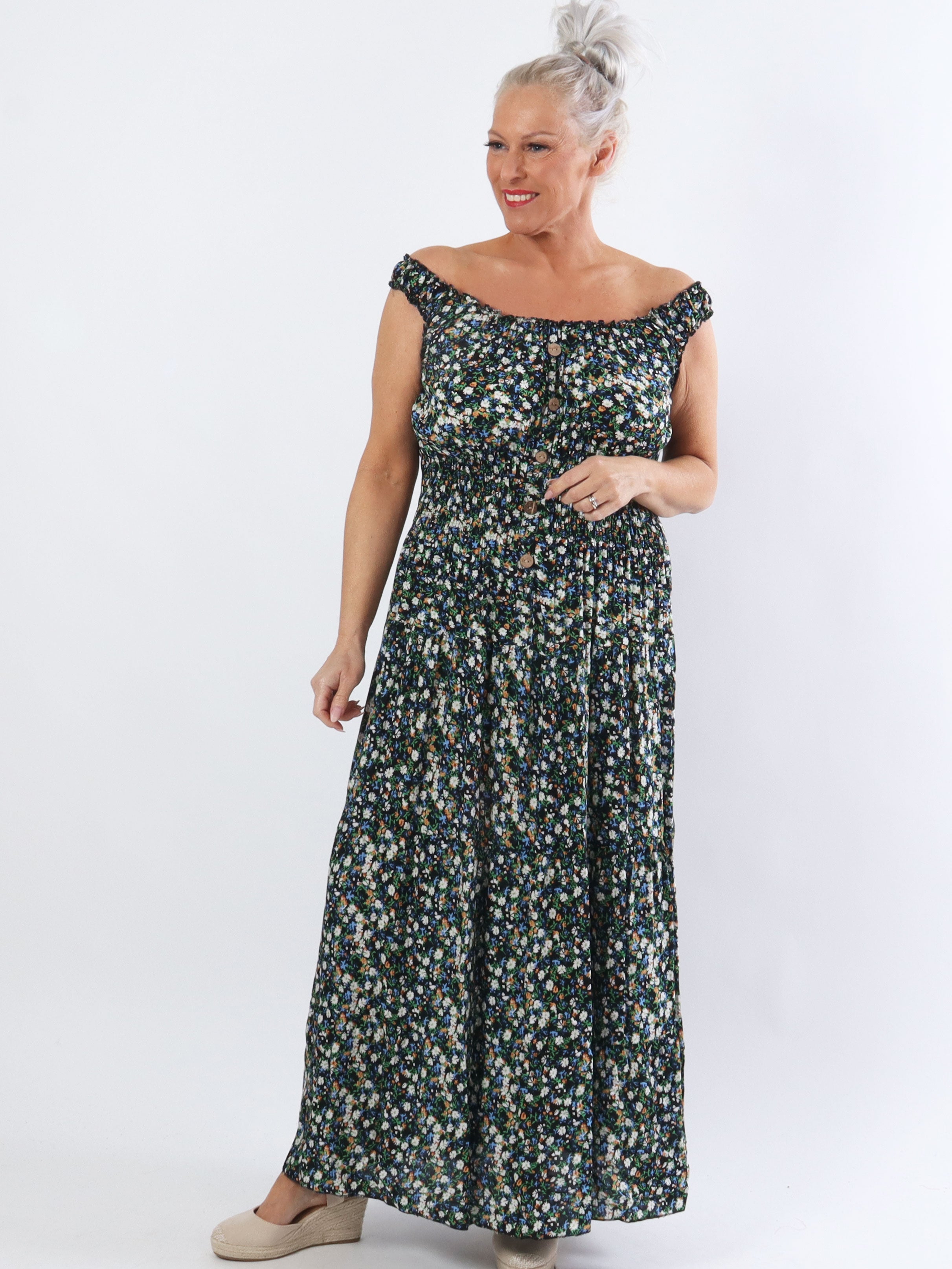 Alicia Flower - Lang plus size stropkjole med småt blomsterprint